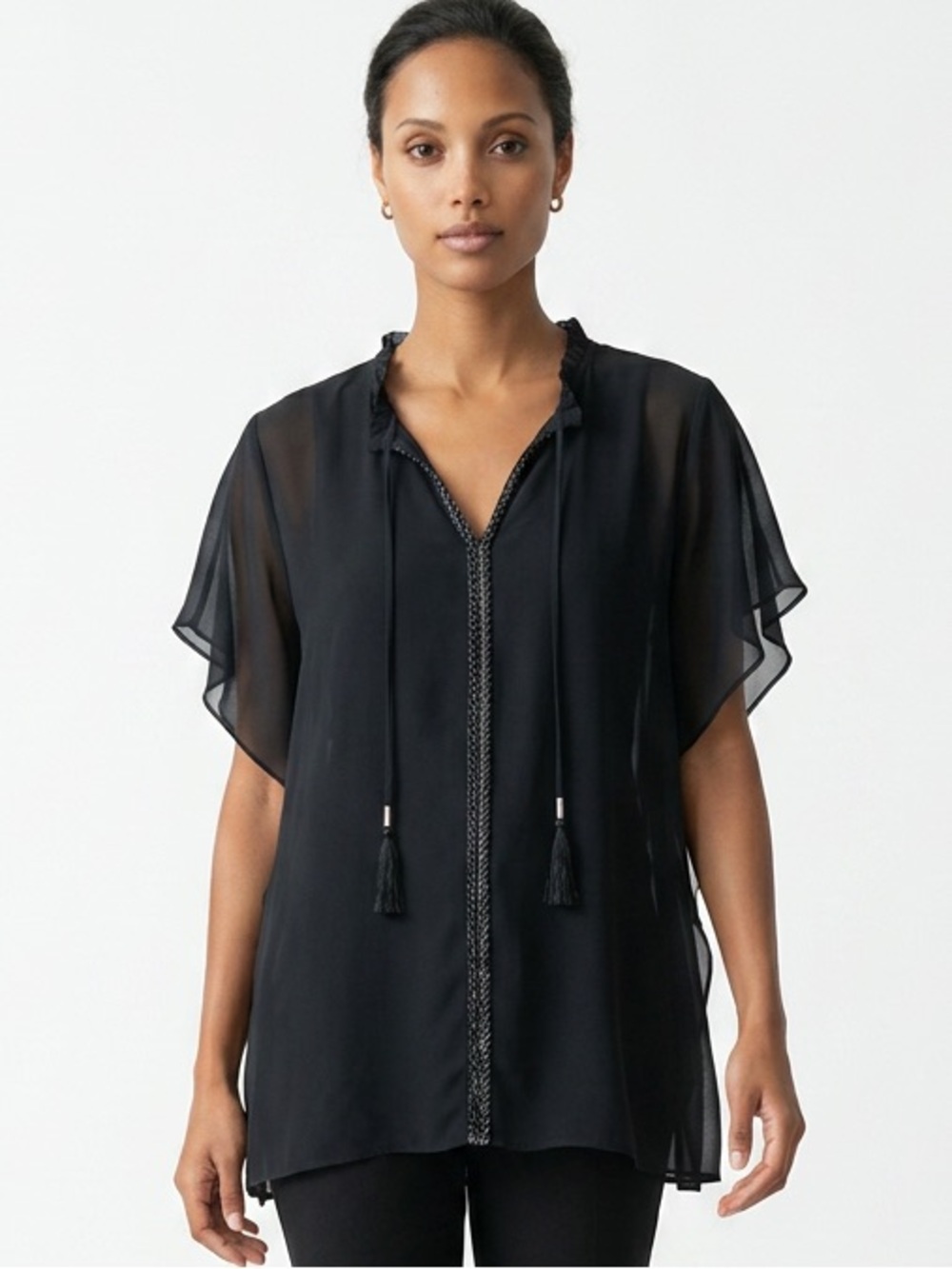BELLE BADGLEY MISHKA | Navy Blue Beaded Tunic Top or Dress Women’s Size Small